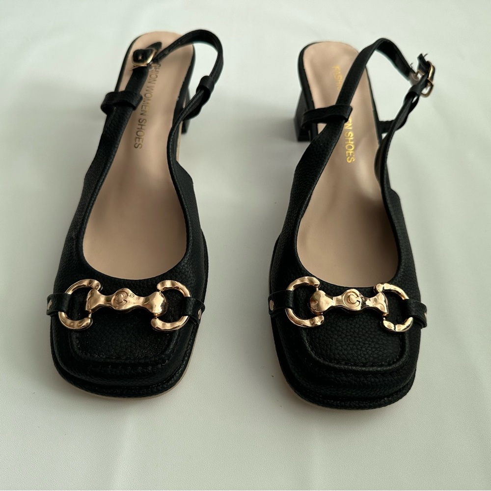 SHEIN Black Heels with Gold Buckle